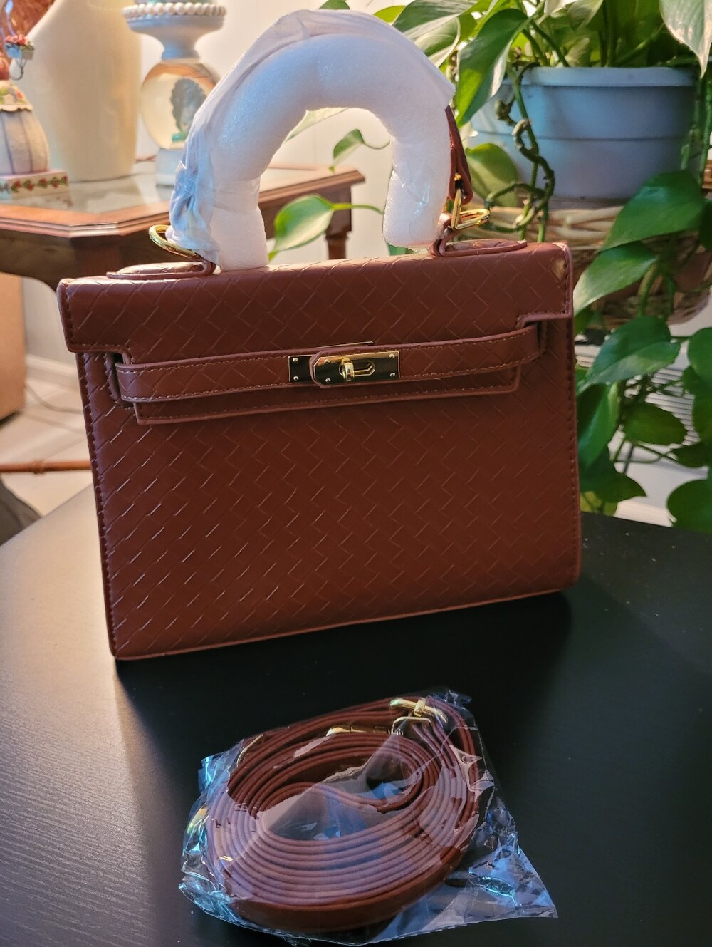 Women's Brown Woven-Texture Top Handle Bag With Detachable Strap